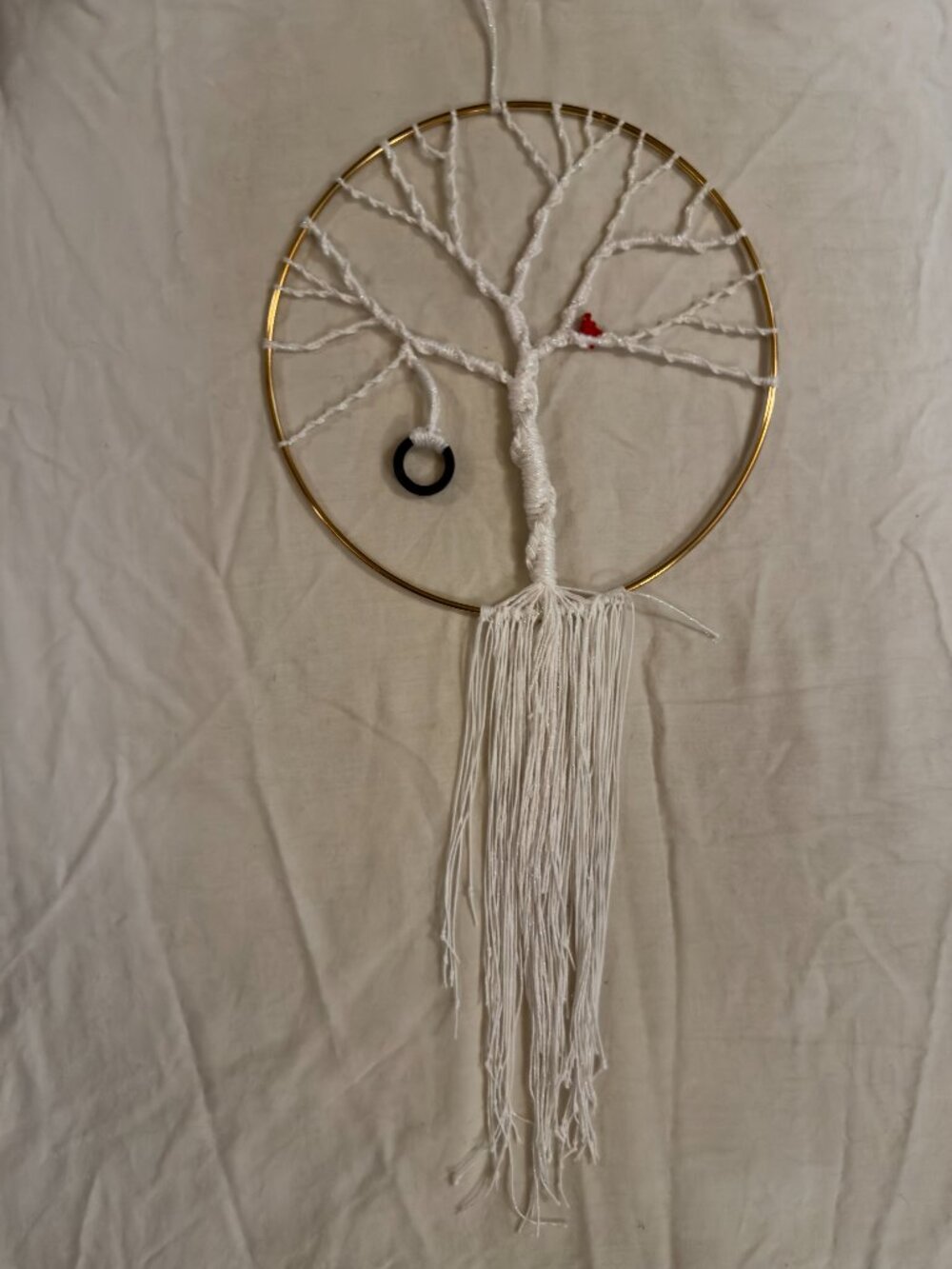 7.5" Silver Round Boho Macrame White Winter Tree of Life Cardinal Tree Swing